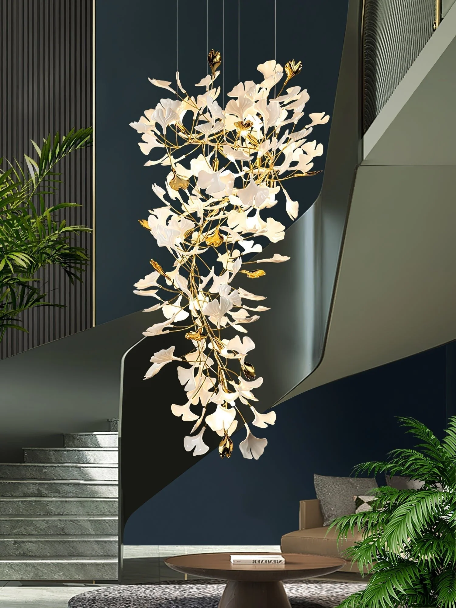 Olivia Ceramic Gingko Chandelier Luxury Hotel Staircase - Image 28