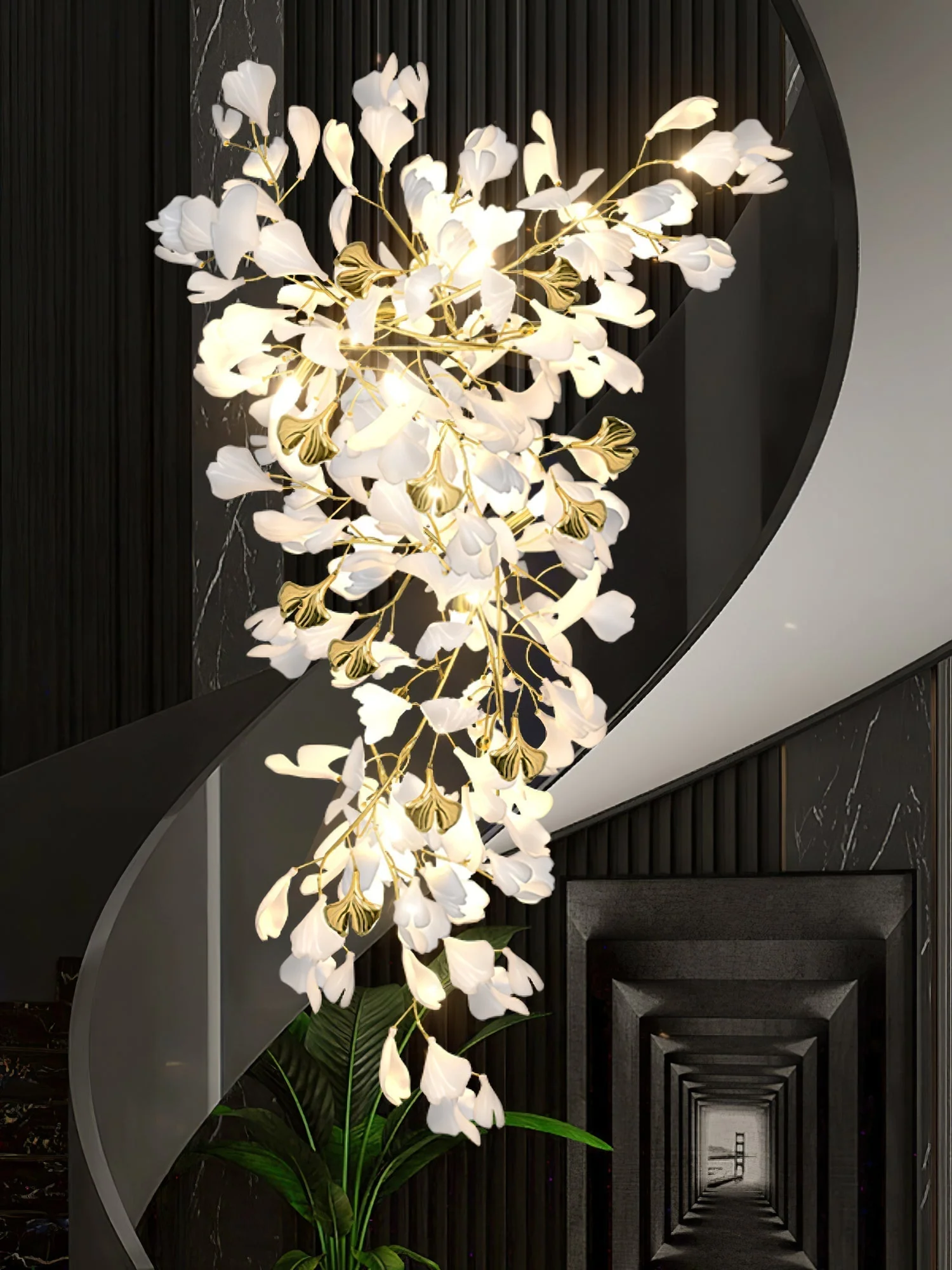 Olivia Ceramic Gingko Chandelier Luxury Hotel Staircase - Image 47