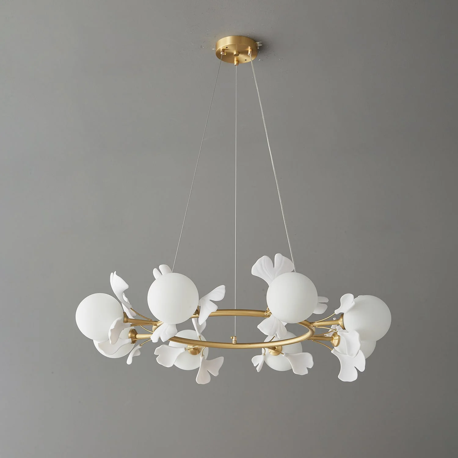 Olivia Ceramic Gingko Floral Brass Chandelier - Image 12