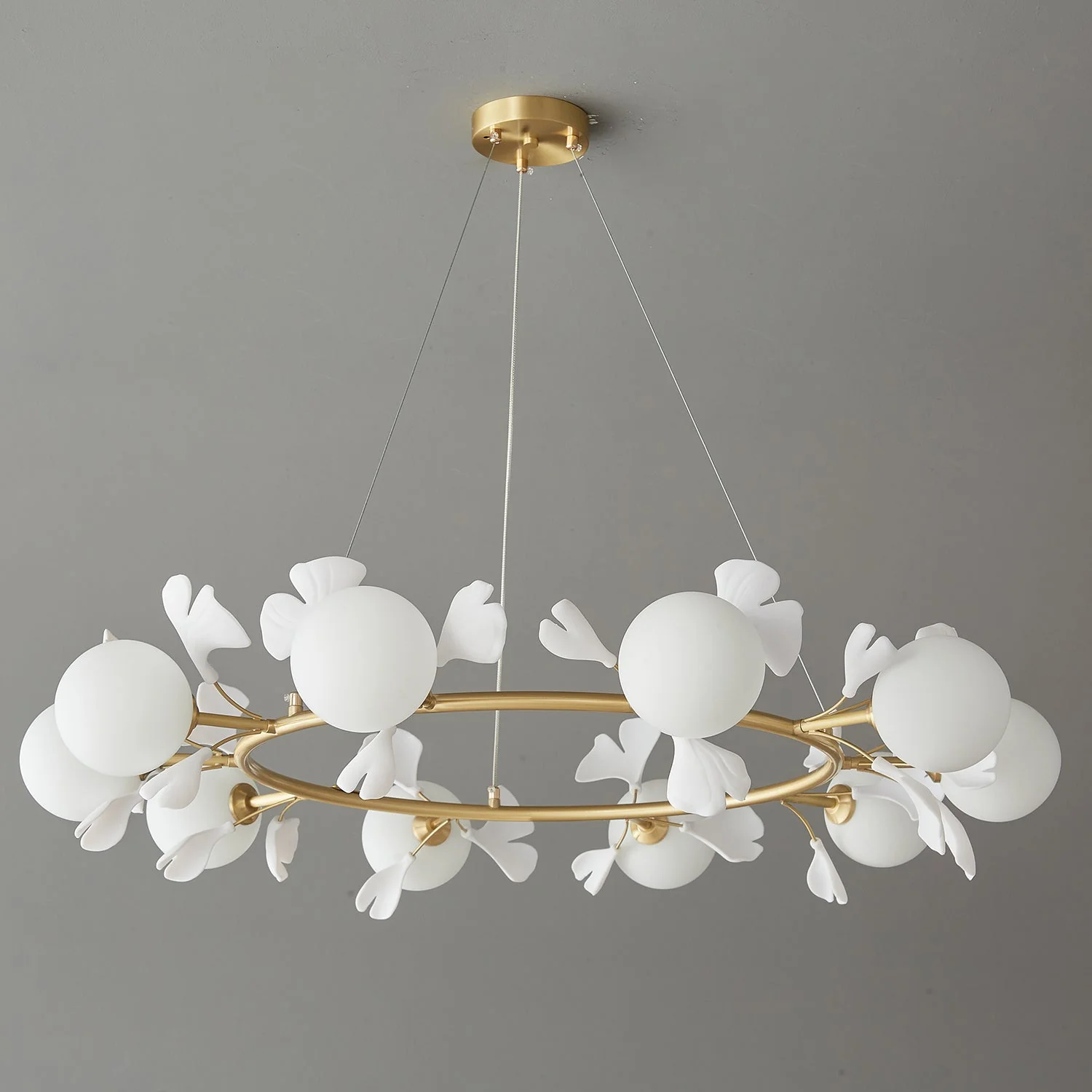 Olivia Ceramic Gingko Floral Brass Chandelier - Image 14