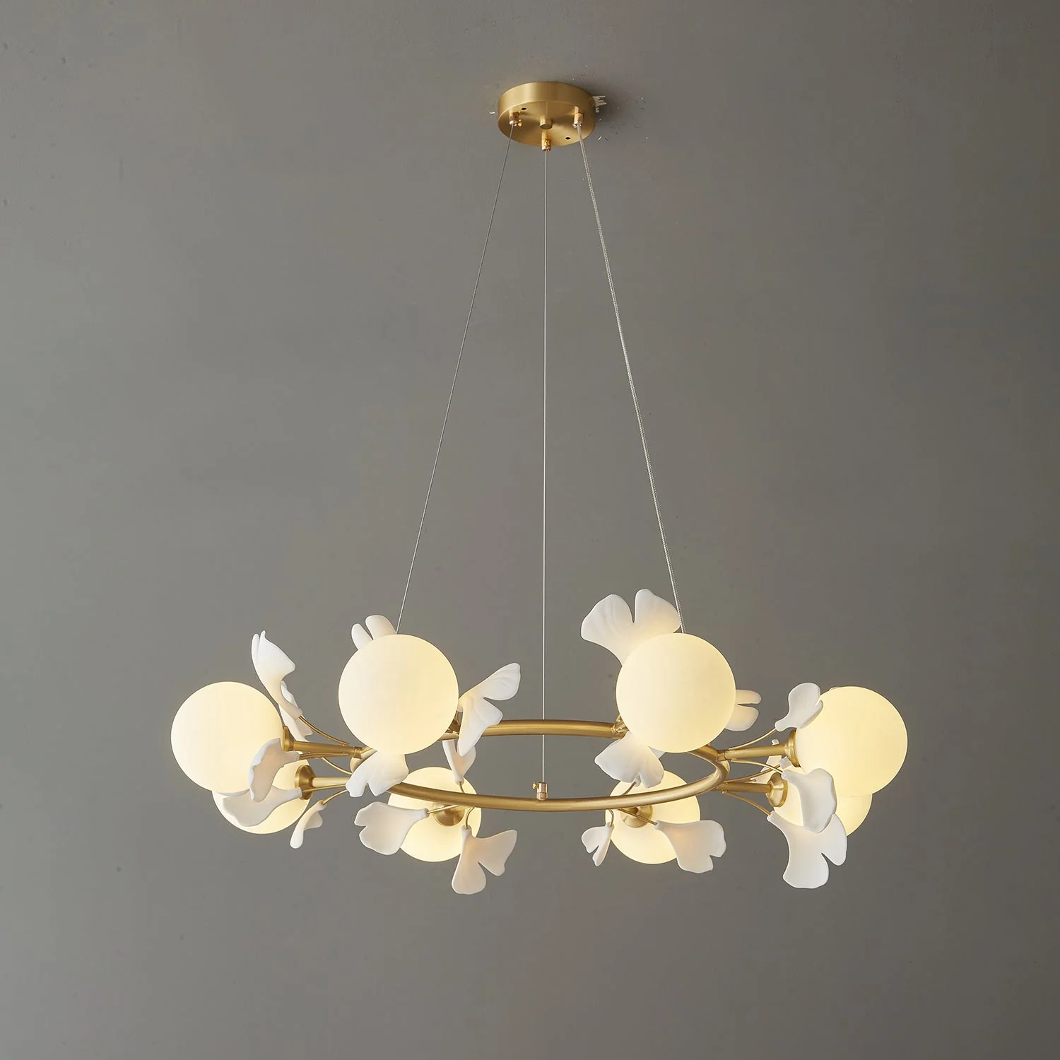 Olivia Ceramic Gingko Floral Brass Chandelier - Image 23