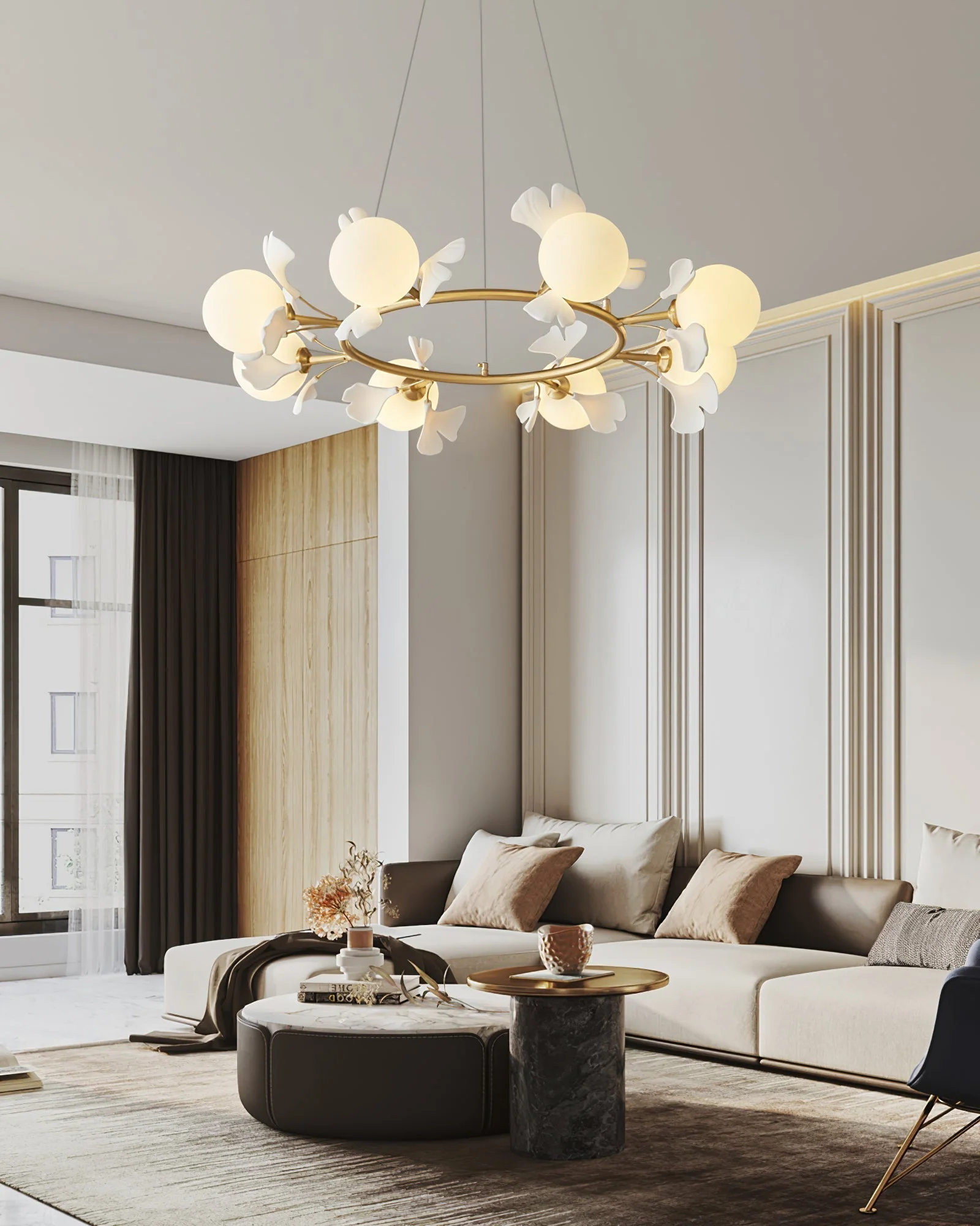 Olivia Ceramic Gingko Floral Brass Chandelier - Image 42