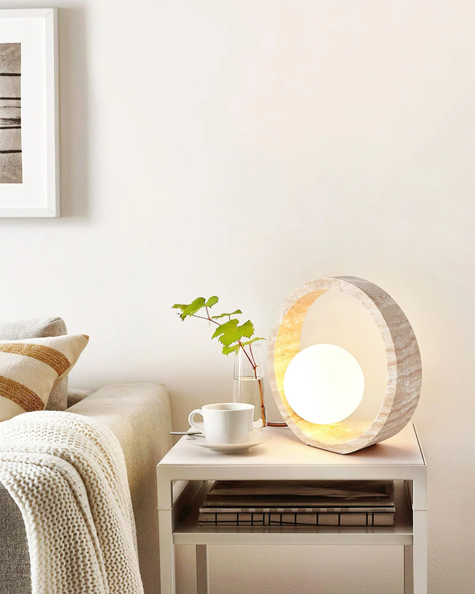 Q Circle Sculptural Travertine Table Light - Image 5