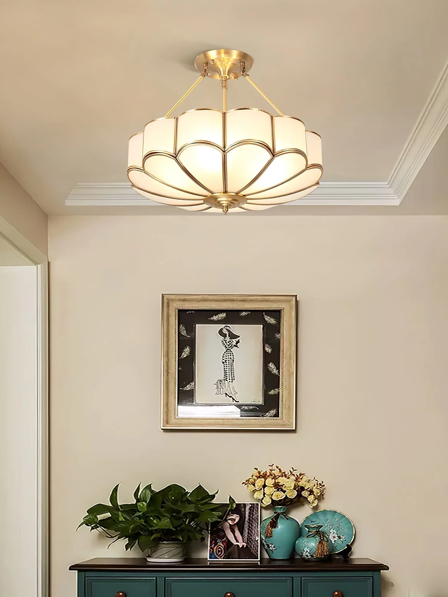 Solara Ceiling Light Frosted Glass Petal Brass Art - Image 11